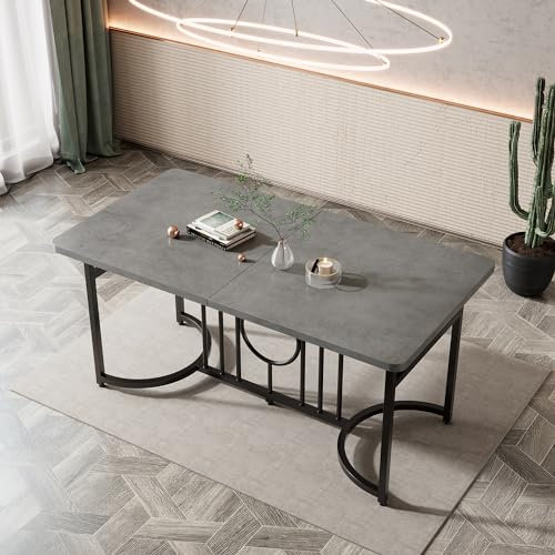 Merax Esstisch 158x76x75 cm in Betonoptik, moderner rechteckiger Design-Esstisch mit schwarzen Metallbeinen, Nicht klappbar, minimalistischer Küchentisch, einfach zu montieren, Grau