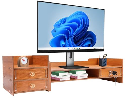 Support d'écran en bambou, rehausseur d'écran pour bureau, rehausseur d'écran ergonomique, avec 2 tiroirs et compartiments, organiseur de rangement pour ordinateur de bureau