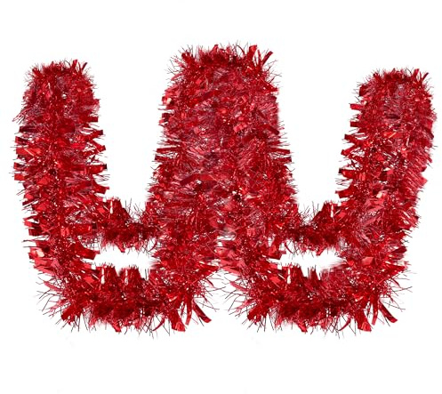 HuiCloud 10M/32Feet Christmas Tinsel Garland, Red Metallic Shiny Thick Hanging Tinsel Garland for Christmas Tree Decoration Wreath Wedding Xmas Party Supplies