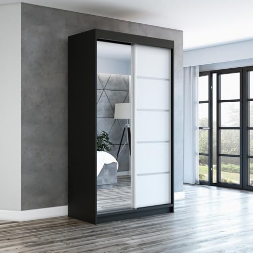A&J MöbelLand Schwebetürenschrank GAPI Kleiderschrank 2-türig mit Spiegel, Garderobe 120 cm (Schwarz/weiß/weiß)