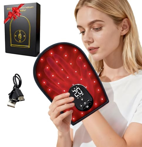 Guanti terapia luce rossa, massaggiatore mani infrarossi wireless & calore | 76 LED con luce infrarossa vicina 660nm & 850nm, 8 modalità massaggio, 20 intensità, wireless per mani e polsi