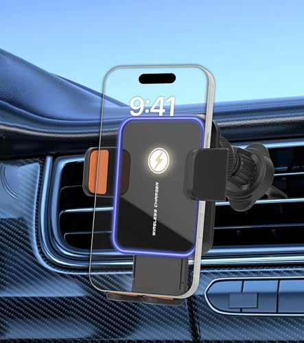 Car Phone Holder Wireless Charger, 15W Fast Charging Auto Clamping Wireless Car Charger with LED Lights, Car Phone Holder for Air Vent for 17 16 15 14 13 Mini Pro Max XR, Samsung Galaxy S25 Ultra, etc