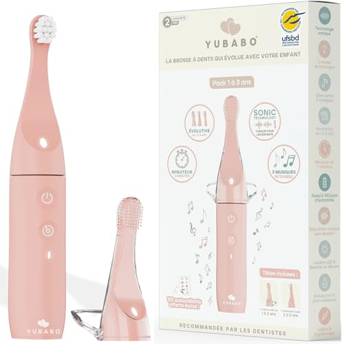 YUBABO - Brosse à Dents Électrique Enfant Musicale avec Baby Mode - 2 Modes Sonique - 100 Jours d’Autonomie - Minuteur 2 Min - 101 Autocollants - Recommandée par les Dentistes - 1 à 3 ans - Rose