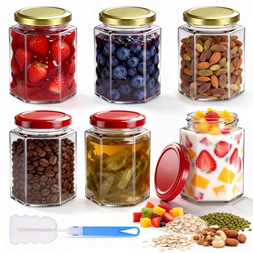 Hejo 6 Pièces Pot Confiture avec Couvercles, 280ml Bocaux Confiture avec Brosse, Petits Pots Vide en Verre pour Conserves, Chutney, Miel, Stockage Alimentaire