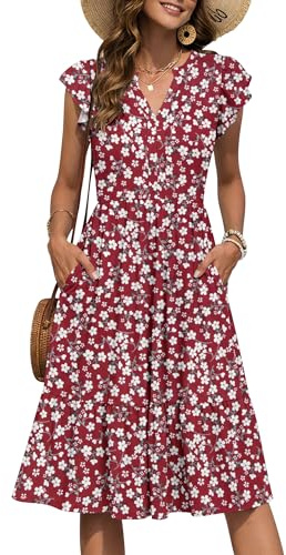 PLMOKEN Summer Dresses for Women UK Floral Sundress Short Sleeve V Neck Knee Length Loose Ruffle Beach Dresses with Pockets