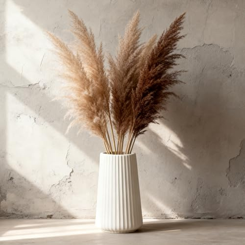 Keramik-Vase Weiß für Trockenblumen & Pampasgras, Boho Kleine Tulpen Vase | Moderne Style Vasen für Home Wohnzimmer Esstisch Bauernhaus Büro Dekoration, 15 cm Hoch
