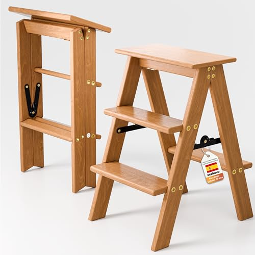 Escalera de 3 peldaños, Taburete Plegable de Madera, Silla Plegable, Antideslizante, portátil y Resistente para el hogar, la Cocina y la Oficina (Madera EW1)