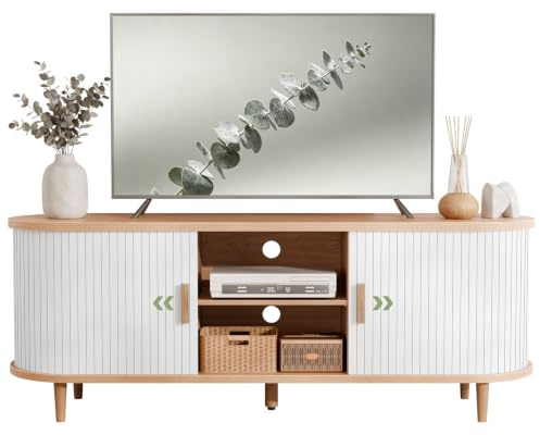 Meuble TV avec 2 Portes Tambour Coulissantes 140cm, Buffet Bas, Blanc+Chêne | Meuble d'entrée Rangement en Bois avec 8 Compartiments et Étagère Réglable, Idéal pour Salon et Chambre,140x40x50 cm
