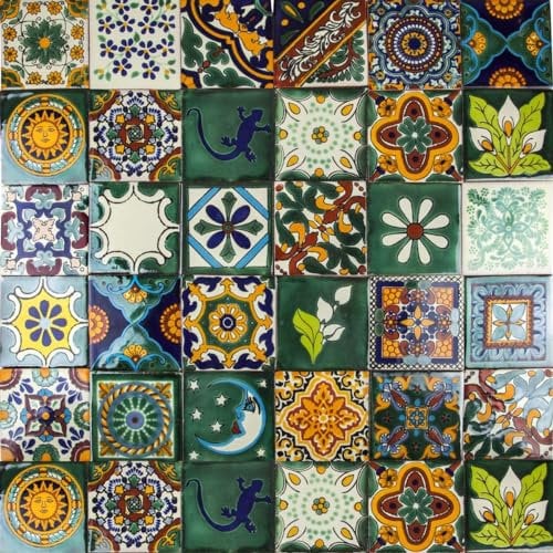 Cerames Piastrelle Mosaico Messicane Verde – 30 ceramiche mattonelle messicane decorative per bagno, doccia, scale, parete posteriore della cucina | Tessere mosaico ceramica 10,5x10,5 cm