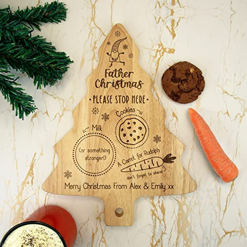 eBuyGB Personalised Father Christmas Please Stop Here Xmas Eve Board, Tree Shaped Treat Plate, Mince Pie or Cookie for Santa Claus, Milk or Carrot for Rudolph & Reindeers, Wooden Snack Tray