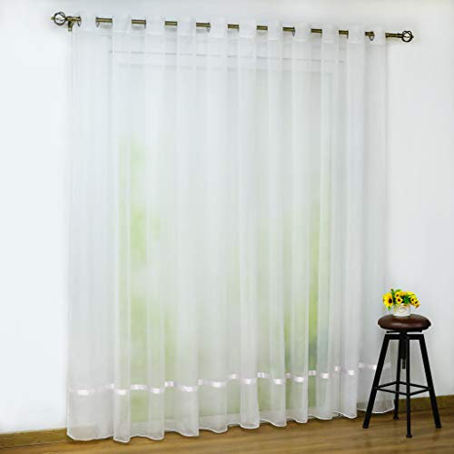 CORLIF Voile Gardine mit Ösen transparenter Vorhang mit Satinband Design Schals Fenster Vorhänge Weiß BxH 300x145cm 1er Pack