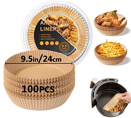 Backpapier für Heißluftfritteuse, 24cm Backpapier Airfryer 100 Stück Luftfritteuse Pergamentpapier Rund, Antihaft-Einweg Heißluftfritteuse Pergamentpapier Liner für Bratpfanne, Ofen, Mikrowelle