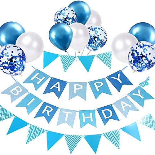 Luftballons Geburtstag Dekoration Set, blau Geburtstagsdeko Happy Birthday deko Banner Party Deko Geburtstag Set mit blau Luftballons Konfetti Ballons Dreiecksflaggen Girlanden