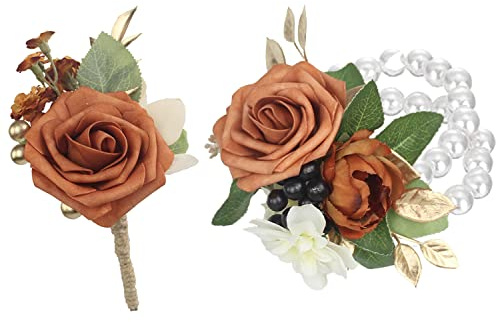 Rinlong Ansteckblume und Ansteckblume in gebranntem Orange, Terrakotta, fühlen Sich echt an, Seiden-Hochzeitsblumen, vorgefertigtes Abschlussball-, Heimkehr- und Herbst-Hochzeitszubehör, 2-teiliges