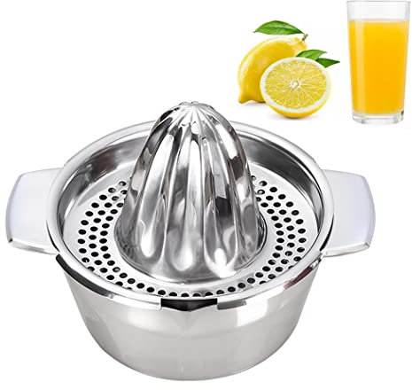Zitruspresse Zitronenpresse Edelstahl mit Behälter 400ml, Manuelle Saftpresse für Zitronen Orange und Zitrusfrüchte, Stark Robust, Spülmaschinengeeignet