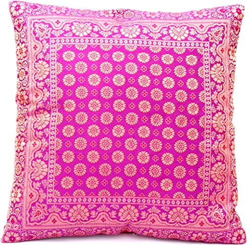 Indische Banarasi Seide Kissenbezug, Zierkissenbezug, Sofakissenbezug, Dekokissen, Zierkissen - 40x40 cm | 16x16 Zoll ***Handgewebt und Handgefertigt aus Kaschmir-Indien*** (Rosa)