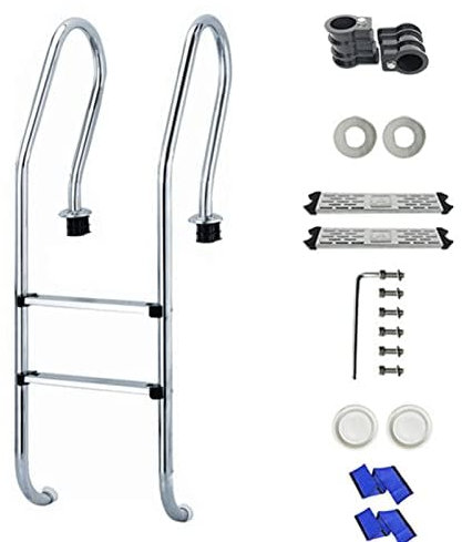 HTONVK Pool-Handläufe, Pool-Leiter, 2 Stufen, 304 Edelstahl-Pool-Pedal mit Rutschfester Matte, Schwimmbad-Stufenleiter für drinnen und draußen, mit 1,2 m Langer Blauer Griffabdeckung
