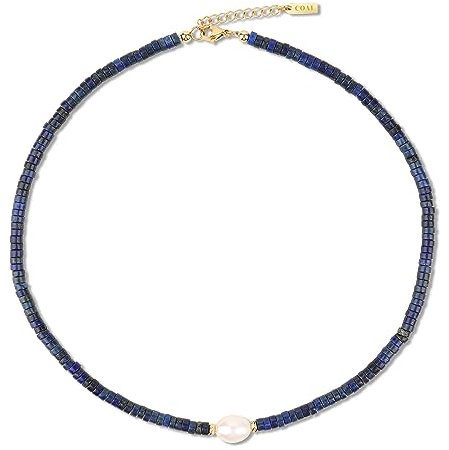 COAI Geschenkideen Frauen Choker mit Natürlicher Weißen Süßwasserperle Lapislazuli Heishi Perlenkette für Damen