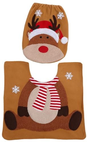 Kichvoe Christmas Toilet Seat Cover and Rug Set Xmas Bathroom Set Reindeer Toilet Lid Covers Bath Rug Toilet Floor Mat Holiday Bathroom Decoration