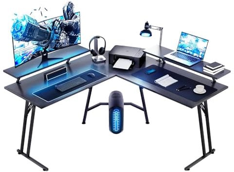 Precision Synergie L Shaped Gaming Desk 130x130x73cm Corner Gaming Desks Computer Desk with LED Lights Large Monitor Stand PC Table for Home and Office, Black (With Monitor Stand)
