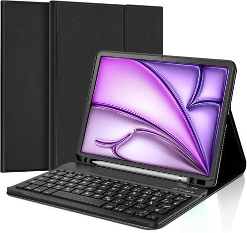 KTOITION für iPad Air 11 (M3/M2, 2025/2024) Hülle mit Tastatur, Deutsches QWERTZ Tastaturhülle mit Einzustellendem Magnetständer, Abnehmbare Schutzhülle, Schwarz
