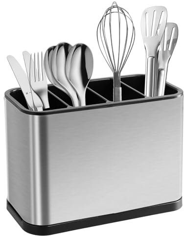 PTJJXA Porte Ustensile Cuisine Inox 18x13x8,6cm, Égouttoir à Couverts avec 4 Compartiments, Récipient à Ustensiles avec Base Anti-Glissement, Organisateur pour Cuillère, Fourchette, Couteau