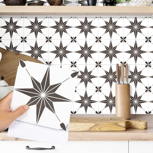 Fantasnight Tile Stickers White, Stars Stick on Tiles Matt 15x15cm 12Pcs, Vinyl Self Adhesive Wall, Waterproof Peel and Stick for Bathroom, Removable Backsplash for Kitchen