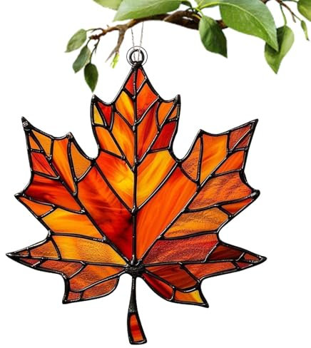 Ahornblatt Ornament Aus Gebeiztem Acryl Zum Aufhängen Am Fenster, Herbsts Deko Anhänger, Herbstdeko Hängend, Herbstdeko Fenster Hängend, Ahornblatt Anhänger Ornament, Ahornblätter Feiertags-Ornamente