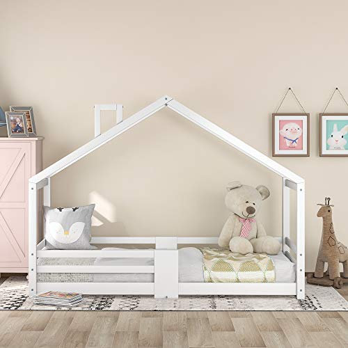 BLUON HOME Kinderbett 90x200,Kleinkindbetten, Hausbett mit Schornstein, Bodenbett mit Rausfallschutz, Robuste Lattenroste Kiefernholz Kinder Bett(Weiß)