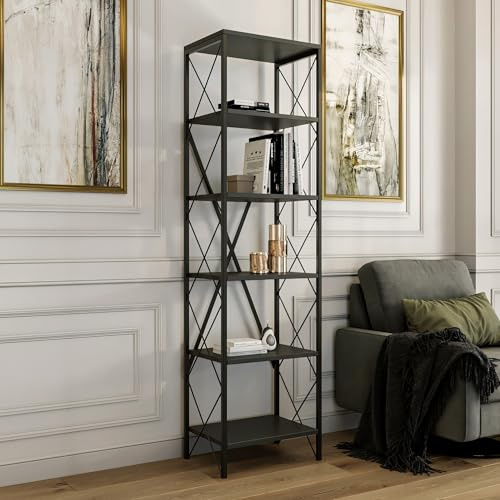Hanah Home Stylish Wall-Mounted Bookshelf, Anthracite & Black, 50 x 180 x 30 cm | 100% Melamine Coated Particle Board, Metal Frame | Durable & Space-Saving Design
