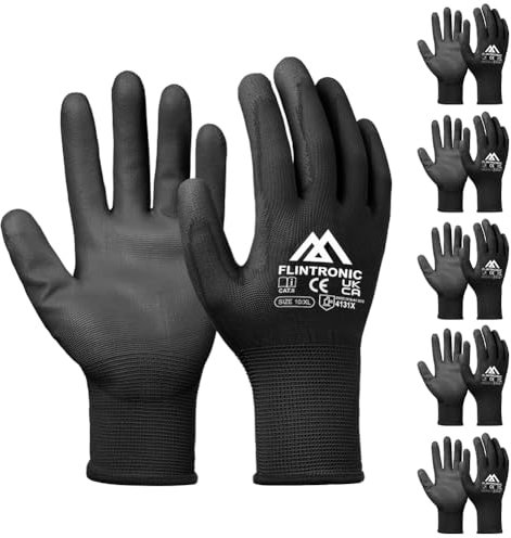 flintronic Gants de Travail 6 Paires, Gants en Nylon résistant à l'abrasion, Revêtement en PU, Polyvalent Gants de Jardinage, Pour Mecanique Industrielle Logistique Assemblage - Noir Taille 10/XL