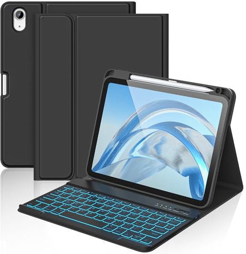 aMZCaSE for iPad A16 11th Generation 2025/10th Keyboard Case with 2022(10.9/11 Inch),7 Colors Backlight Detachable Folio Keyboard Cover,UK Layout with Pen Holder for iPad 10/11 Gen (Black)