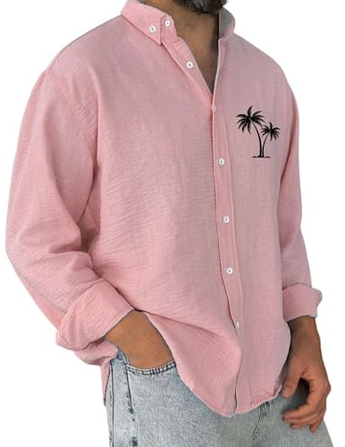 Chemise pour homme en coton et lin à manches longues - Chemise hawaïenne boutonnée - Motif palmier en noix de coco - Chemisier à col