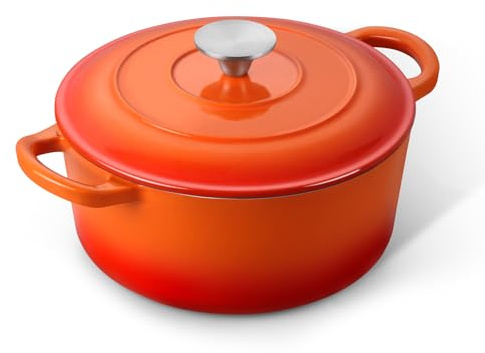 -far Schmortopf aus emailliertem Gusseisen, mit Deckel, klein, rund, antihaftbeschichtet, für Brot, Backen, Schmoren, Eintöpfe, Braten, Kochen, strapazierfähig, induktions- und ofenfest, Orange