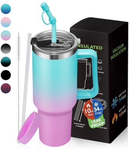 40 oz Tumbler with Handle and Straw 100% Leak-proof Coffee Tumbler Stainless Steel Insulated Travel Coffee Mug with Non Pop-off Lid, Birthday Gifts for Women Men, Water Bottle Fits in Cup Holder