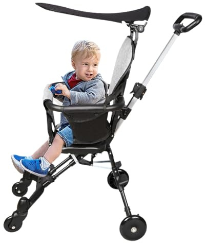 Baby-Dreirad mit Elterngriff, 9 Monate bis 4 Jahre, 0-15 kg, Schutzverdeck, Babyfahrrad, mit faltbarer Sonnenblende, geräuscharmen Rädern, komfortabler Griff, Schwarz und Grau