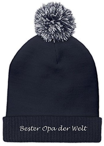 Pudelmütze mit Namen Bester Opa der Welt Bestickt - Farbe Blau - personalisierte Mütze, Strickmütze, Namensstickerei, Bommelmütze