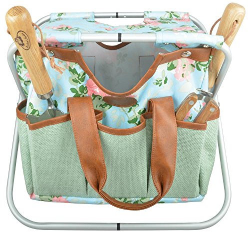 Esschert Design Jute Outils de Jardin Chaise avec Rose Impression, 40 x 31 x 31 cm, avec de Nombreuses Poches, Pliable, avec dragonne