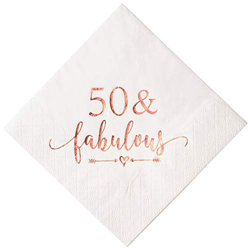 Crisky 50 and Fabulous Cocktail Napkins Rose Gold for Women 50th Birthday Decorations, 50th Birthday Bevergae Dessert Table Supplies, 50Pcs, 3-Ply