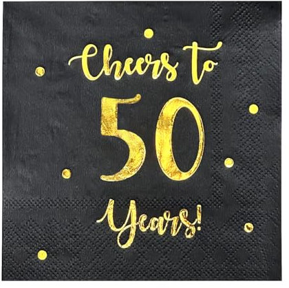 Cheers to 50 Years Cocktail Napkins | Happy 50th Birthday Decorations for Men and Women and Wedding Anniversary Party Decorations | 50-Pack 3-Ply Napkins | 5 x 5 inch Folded (Black)