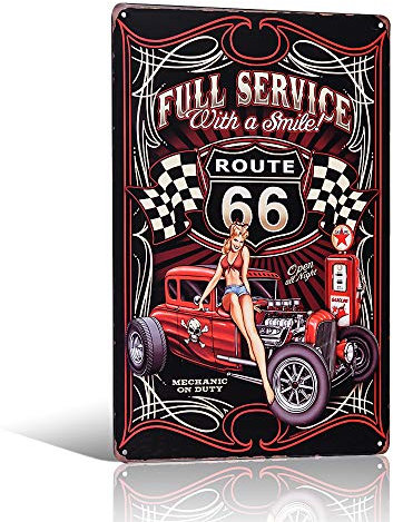 Full Service Route 66 Pin-up Girl with Smile, plaque en métal, affiche vintage, décoration murale de garage