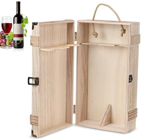 HERCHR Retro Wein Geschenkbox, 2 Flaschen Rotwein Holz Aufbewahrungsbox mit Griff und Verschluss, 13,8 x 7,8 x 3,9 Zoll