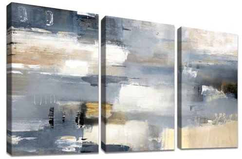 3Pcs Cadre en bois Impression sur Toile Gris Blanc Abstrait Tableau Affiche Decoration Murale Image sur Toile Peinture Tableau Decoration Murale Salon Chambre Maison Décorations 90x40cm(12x16x3pcs)