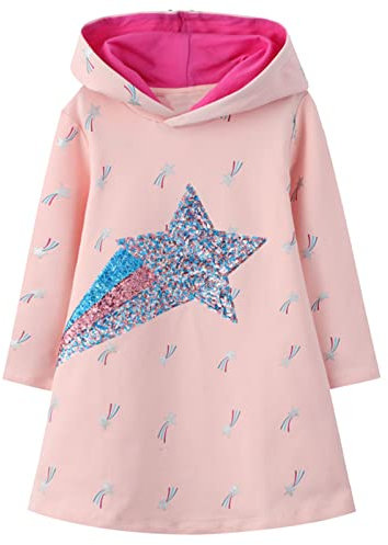 Baogaier Ragazza Felpa con Cappuccio Stelle Paillettes Vestito Abito Cotone Manica Lunga Pullover Abiti Primavera Autunno Invernali Maglione Top T-Shirt Tunica Bambina 5-6 Anni Rosa