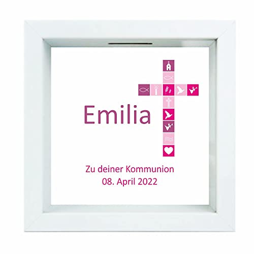 Bilderrahmen-Spardose -pinkes Kreuz Motiv, Kommunion- personalisiert mit Namen & Datum - Geschenk zur Kommunion - 3D-Sparbüchse als Geldgeschenk