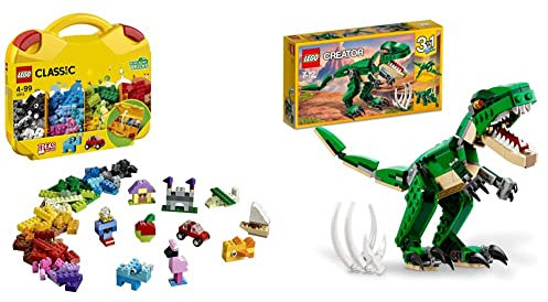 LEGO 10713 Classic Creative Suitcase, Toy Storage & 31058 Creator Mighty Dinosaurs Toy, 3 in 1 Model, T. rex, Triceratops and Pterodactyl Dinosaur Figures, Toys for Kids 7-12 Years Old