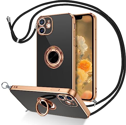 DUEDUE Coque pour iPhone 11 Cordon avec Anneau Rotatif, Protection Caméra Souple Fine Doublure Microfibre Anti-Rayures, Coque de Téléphone pour iPhone 11 Bague Noir Corde Bandoulière Lanière Réglable