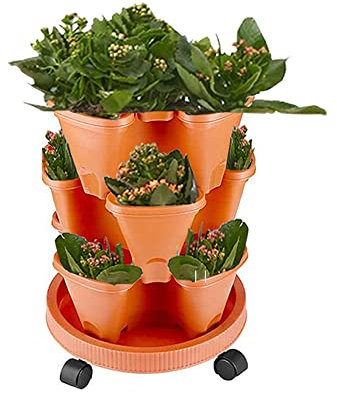Tectsia Jardinière verticale à 3 étages empilables avec roulettes mobiles et soucoupe inférieure pour l'intérieur et l'extérieur – Terra Cotta