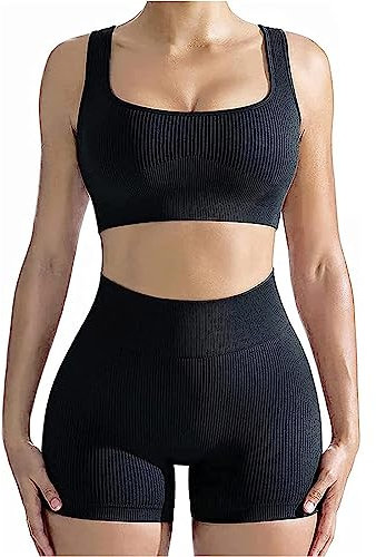Damen 2 Stück Sport Set kurz Sportanzüge Jogginganzug, Hohe Taille Workout Outfits Nahtlos Gerippte Trainingsanzüge Fitness Yoga Sport BH and Gym Shorts Set(Schwarz,L)
