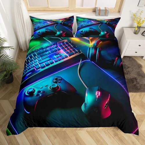 Ensemble de Literie Gaming 220x240,Housse de Couette Casque Souris Clavier Manette de Jeu Motif pour Enfants Filles Garçons,Parure de Lit Sur Le Thème Du Joueur Décoration de Salle de Jeux 3 Pièce
